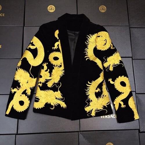High Quality Chinese Style Dragon Embroidery Mens Velvet Blazer Casual Vintage Nightclub Singer Show Suit Slim Fit Male Coats