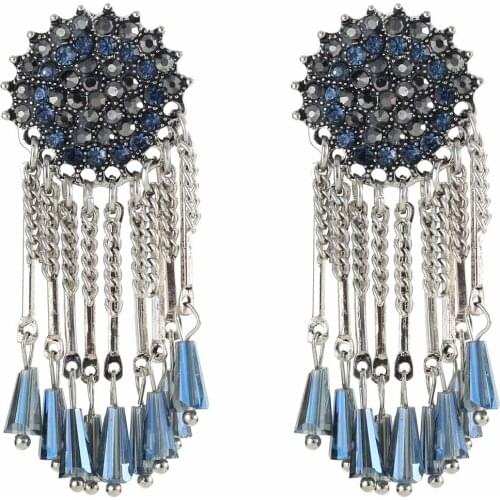YaYi Jewelry Fashion BOHO Blue Glass Crystal Rhinestone Dangle Women Ancient Gold Color Wear Ear Band Long Tassel Earrings