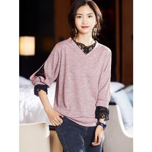 V-Neck Lace Long Sleeved Plus Size Spring Autumn Summer Vintage Clothes For Women Oversized T-Shirt Tops Blouses Vetement 2021