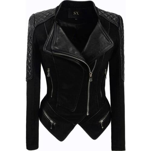 SX 2019 New Women Suede Spliced Lapel PU Faux Leather Jackets Lady Autumn Winter Black Zippers outerwear
