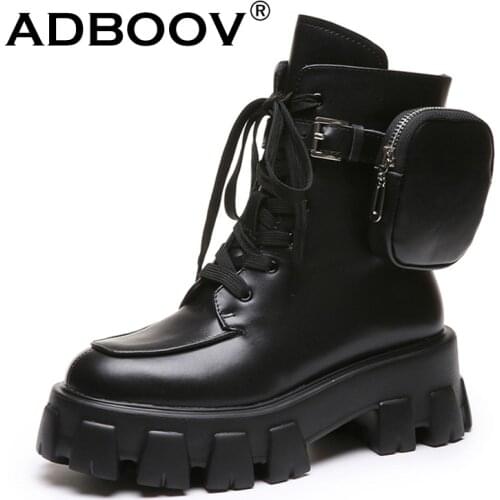 ADBOOV Removable Pocket Motorcycle Boots Women PU Leather Thick Sock Platform Ankle Boots Black Botas Mujer