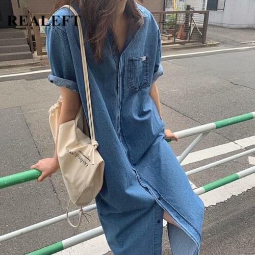REALEFT 2021 New Summer Blue Denim Women Shirt Dress Single Breasted Casual Loose Long Jeans Female Classic Cowboy Dress Pocket
