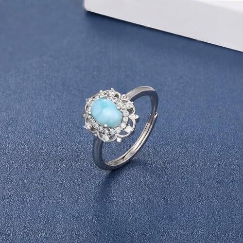 New Trend 925 Sterling Silver Natural Larimar Ring for Women Geometry Flower Design Classic Simple Female Zircon Jewelry Dating