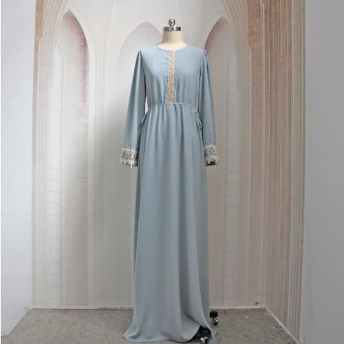 Abaya Elegant Slim Middle Eastern Girl Embroidered Muslim Chiffon Blue Long Dress Dubai Dresses For Women Cute Fresh Style
