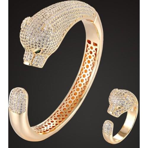 Zlxgirl perfect shape leopard copper bangle with ring jewelry sets women size AAA cubic zircon bracelet bangle accessories sets