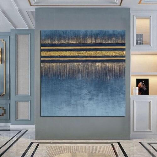 100% Handpainted Oil Painting On Canvas Gold Blue Abstract Modern Canvas Wall Art Living Room Decor Wall Large Size Frameless