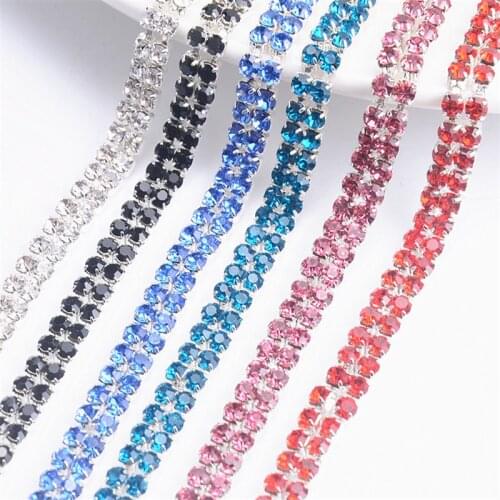 5Yards Crystal Cup Chain 2 Rows Glass Rhinestone Trimming Silver Base Claw Diamond Diy Dress Decoration Applique Sew On Trims