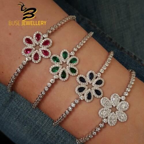 Daisy Fashion CZ Tennis Sterling Silver Sunflower Iced Out Bracelets for Women Colorful Zircon Jewelry Braclets Gift Pulseira