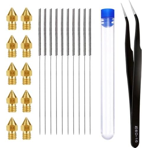 21 Pieces 3D Printer Nozzle and Cleaning Kit 0.4 Mm Mk8 Nozzles 0.4 Mm Needles and 1 Pack Tweezers Tool Kit Stainless Steel