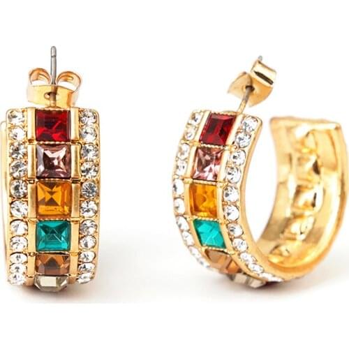 Circle Studs Earrings Colorful Women Rhinestone Statement C Shaped Earring Brinco Bling Bling Geometric Glass Cluster