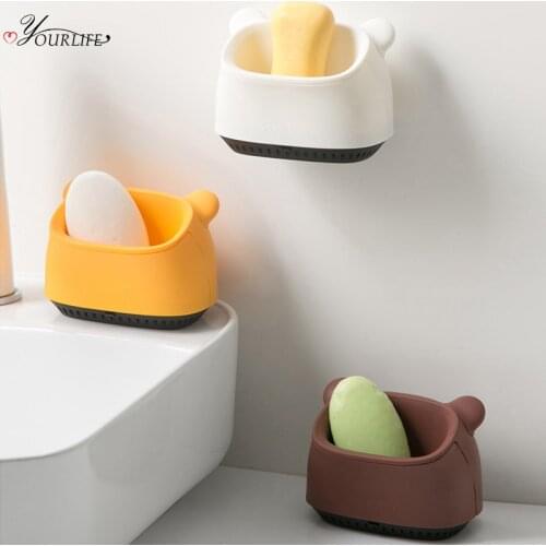 OYOURLIFE Cute Cartoon Bathroom Soap Box Wall Mounted Double Detachable Drain Soap Tray Soap Holder Bathroom Accessories