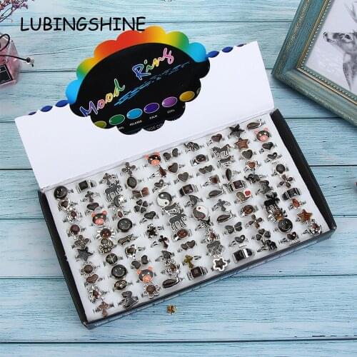 100 Pcs/set Unicorn Cross Rings Set for Women Men Mix Size Emperature Change Emotion Feeling Mood Ring Jewelry Gift with Box