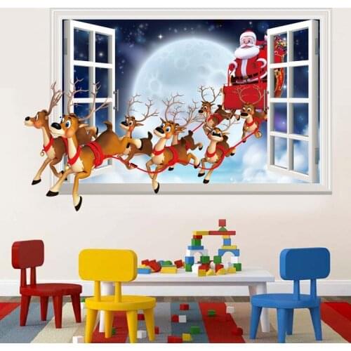 50*70CM 3D False Window Santa Claus Wall Sticker Christmas Day Adhesive Poster Kids Rooms Wall Decals Mural