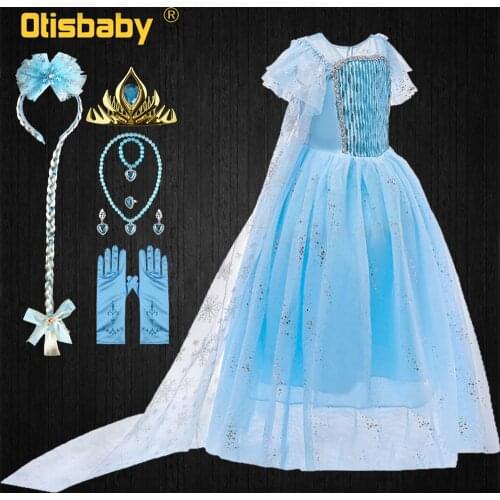 Fancy Children Floor Length Elsa Costume for Girls Halloween Princess Sequin Snow Queen Gown Kids Prom Birthday Party Dress