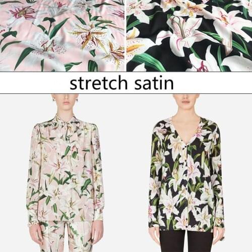 New lily digital printing satin clothing fabric spring and summer popular womens printed fabric band pattern polyester fashion