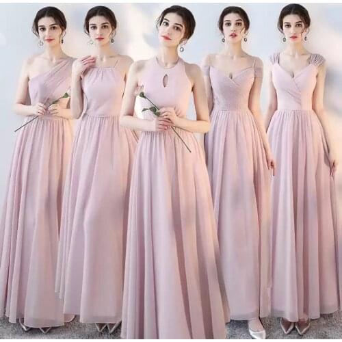 Bridesmaids Dress Illusion Short V-Neck Pleat Lace Tulle Floor-Length Spaghetti Straps Luxury Pink Women Wedding Party Gown E601