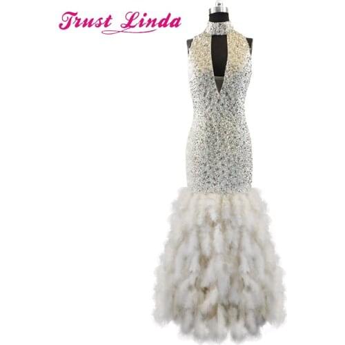 Sexy Real Sample Mermaid Halter Mother Dresse Blingbling Beading Crystal V-neck Feathers Prom Dresses Evening Gowns Custom Made