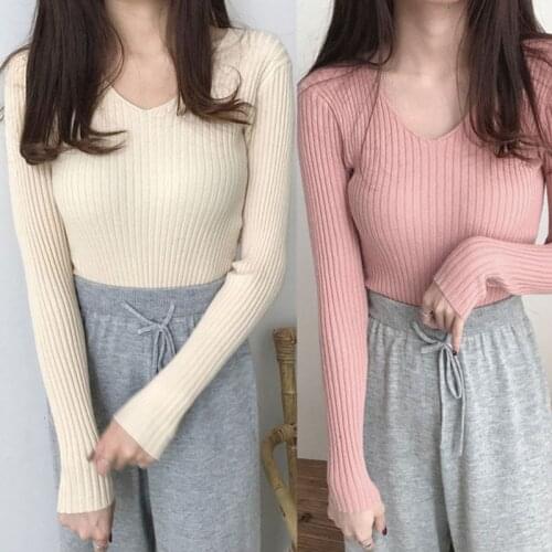 Womens Autumn Basic Sexy V-Neck Sweater Plain Solid Color Ribbed Knitted Pullover Tops Vertical Striped Slim Jumper