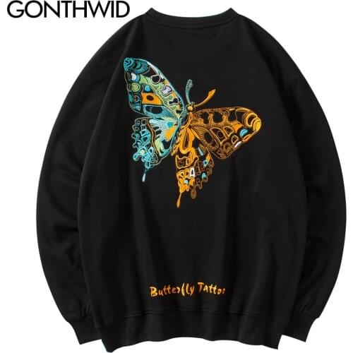 GONTHWID Hip Hop Embroidery Butterfly Sweatshirts Streetwear Mens Harajuku Fashion Casual Pullover Hoodies Hipster Tops Coats