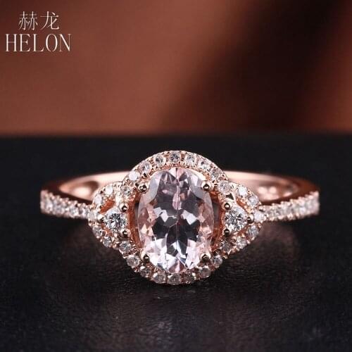 HELON Solid 14K Rose Gold Flawless Oval 5x7mm Genuine Natural Morganite & Diamond Fine Jewelry Engagement Wedding Ring Setting
