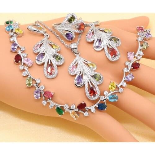 XUTAAYI Multicolor Cubic Zirconia Silver Bridal Jewelry Sets For Women Bracelet Earrings Necklace Pendant Rings