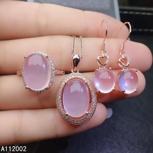 KJJEAXCMY fine jewelry natural Rose Quartz 925 sterling silver women pendant necklace ring earrings set support test lovely