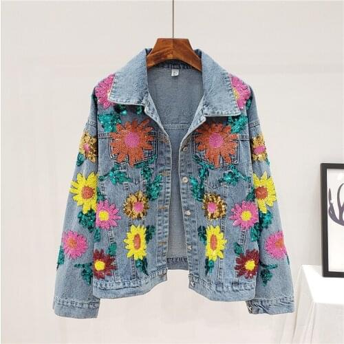 Spring Autumn 2021 Women Heavy Industry Sequins Flowers Loose Vintage Washed Blue Denim Jacket Female New Casual Basic Jean Coat