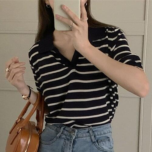 Alien Kitty Short Sleeves Striped Lapel Hot Tee 2021 New Loose Summer All Match Casual Chic Femme Fashion Women Tops T-shirts