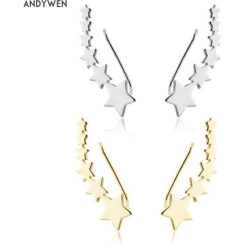 ANDYWEN 925 Sterling Silver Gold Six Star Climber Thread Pin Earring Women Piercing Clips 2021 Women Wedding Clasp Jewels