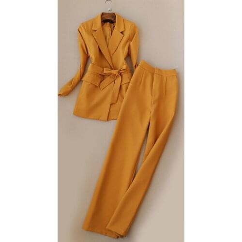 Classic Office Lady Suit Sets Elegant Sashes Wrap Waist Suit Blazer Jacket + High Waist Straight Suit Pants One Set