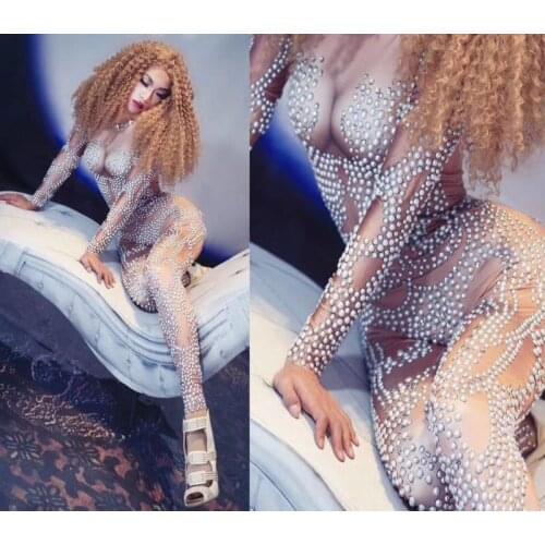 Nightclub bar female singer DJ guest gogo costume White pearls jumpsuit party stage dance wear