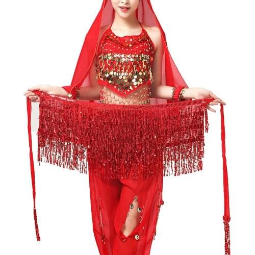 Women Belly Dance Sequin Tassel Fringe Hip Scarf Belt Wraps Skirt Dancer Costume