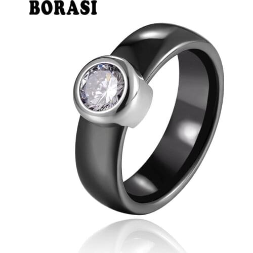 New 6MM Ceramics Ring Fashion Exquisite Cubic Zirconia Ceramic Ring for Women Big Crystal Wedding Female Teen Ring Jewelry