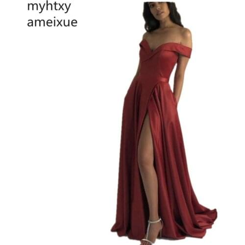 2021 New Cheap Sexy Green And Red Evening Dress Color Off The Shoulder Satin Pleated Esmoquin De Noche Side Slit Robe De Soiree