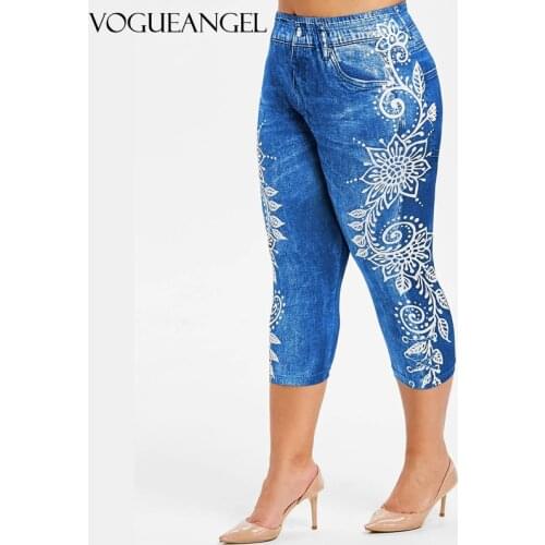 3D Print Fake Jeans Leggings Women Plus Size High Waist Imitation Denim Trousers Capri Casual Workout Sports Pants 2021