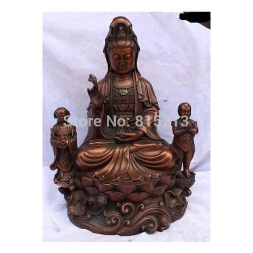 Bi001014 12"China Buddhism Red Bronze carved boy girl Kwan-Yin Bodhisattva Statue