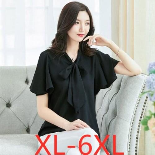 New summer plus size tops for women elegant casual loose large size womens short sleeve chiffon shirt black red 3XL 4XL 5XL 6XL