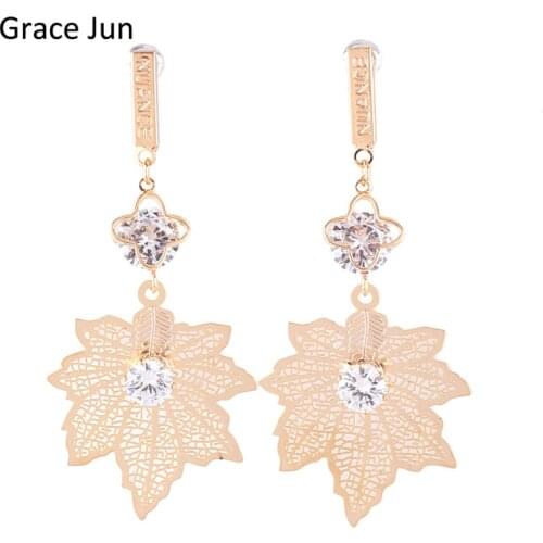 Grace Jun 4 Colors Choose Cubic Zircon Maple Leaves Shape Clip on Earrings No Pierced for Women Fashion Large Pierced Earrings