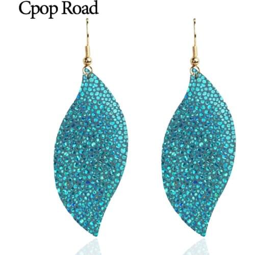Cpop Shiny Feather Genuine Goat Leather Earrings for Women Elegant Statement Glitter Dangle Earring Jewelry Leather Accessories
