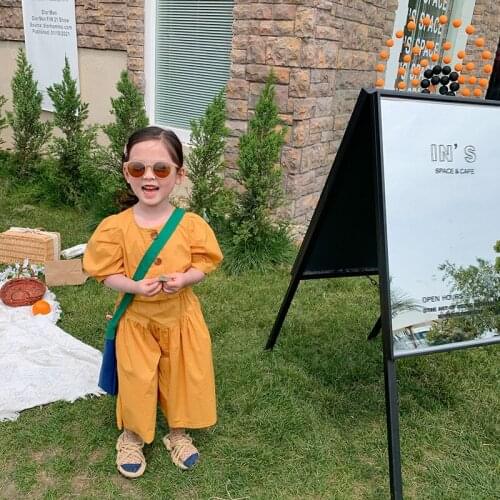 Summer New Baby Girls Clothes Korean Solid Kids Casual Suits Puff Sleeve Shirts Wide Leg Pants Girl 2pcs Set Children Summer Set