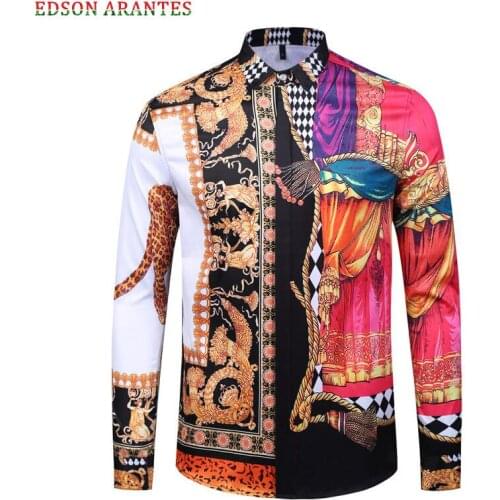 EDSON ARANTES Men Floral Shirt Retro Baroque Hip Hop Button Up Chemises Homme Long Sleeve Casual Slim Fit Harajuku Brand Clothes