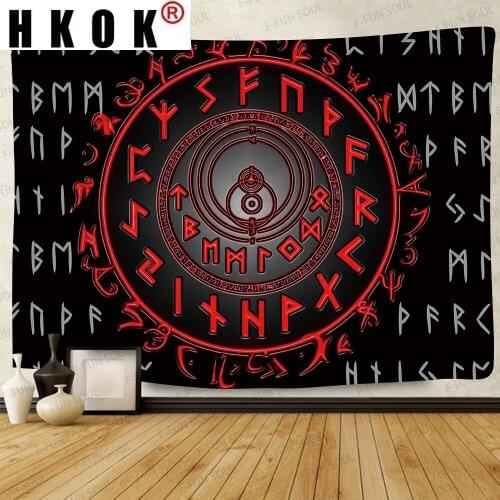 HKOK Viking White Horse Wolf Tapestry Ancient Symbol Meditation Runes Art Wall Hanging Tapestries for Living Room Home Decor