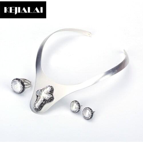 KEJIALAI Bohemian Ethnic Style Jewelry Sets Silver Color Choker Necklace Pearl Stud Earrings Round Pearl Ring Rhinestone Gift