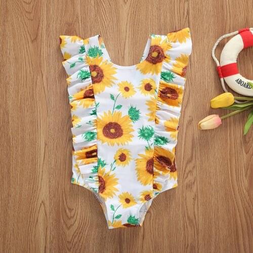 Girl Baby 2021 Summer Swimsuit Flying Sleeve Sunflower Plaid Printed Ruffle Swimsuit Children Sweet Backless Beachwear