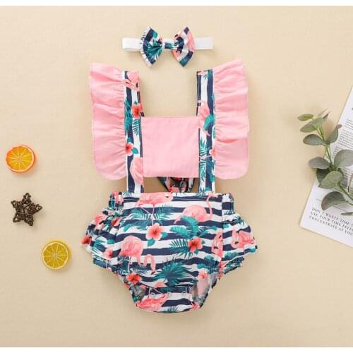 Summer Baby Girl Bodysuit 2pcs Set Floral Striped Print Hollow Ruffle Short Sleeve Romper+Headband Sweet Outfits 0-24M