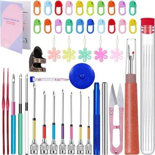 LMDZ 43 Pcs Punch Needle Embroidery Kit Tool Seam Ripper Threader and Thimble Needle Punch Kits for Beginners