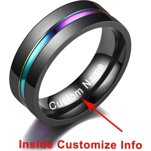 Fashion New Custom Name engrave logo ring Punk Noble Rainbow Groove Stainless Steel Rings For Women Black Ring Men Jewelry
