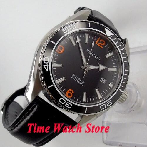 Parnis 45mm Miyota 5ATM Automatic mens watch Luminous black dial Sapphire Glass Ceramic Bezel leather strap 671
