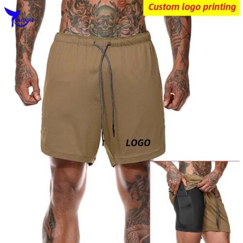 Custom LOGO Men 2 in 1 Running Shorts with Pocket Gym Fitness Workout Training Quick Dry Short Pants Summer Crossfit Bottoms