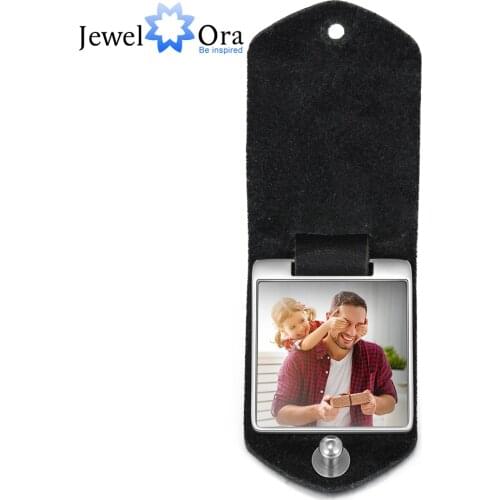 JewelOra Personalized Photo Leather Keychain Stainless Steel Customize Jewelry 2 Colors Fashion Father Gift Engrave Name for Men